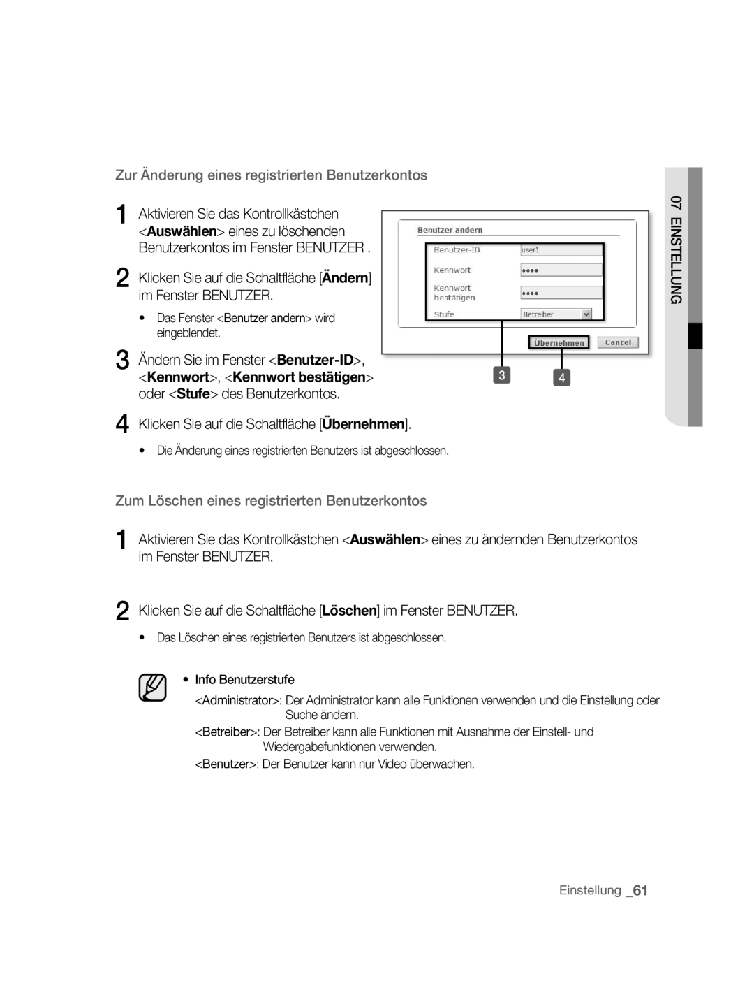 Samsung SNC-B5395P manual Klicken Sie auf die Schaltfläche Ändern im Fenster Benutzer, Ändern Sie im Fenster Benutzer-ID 