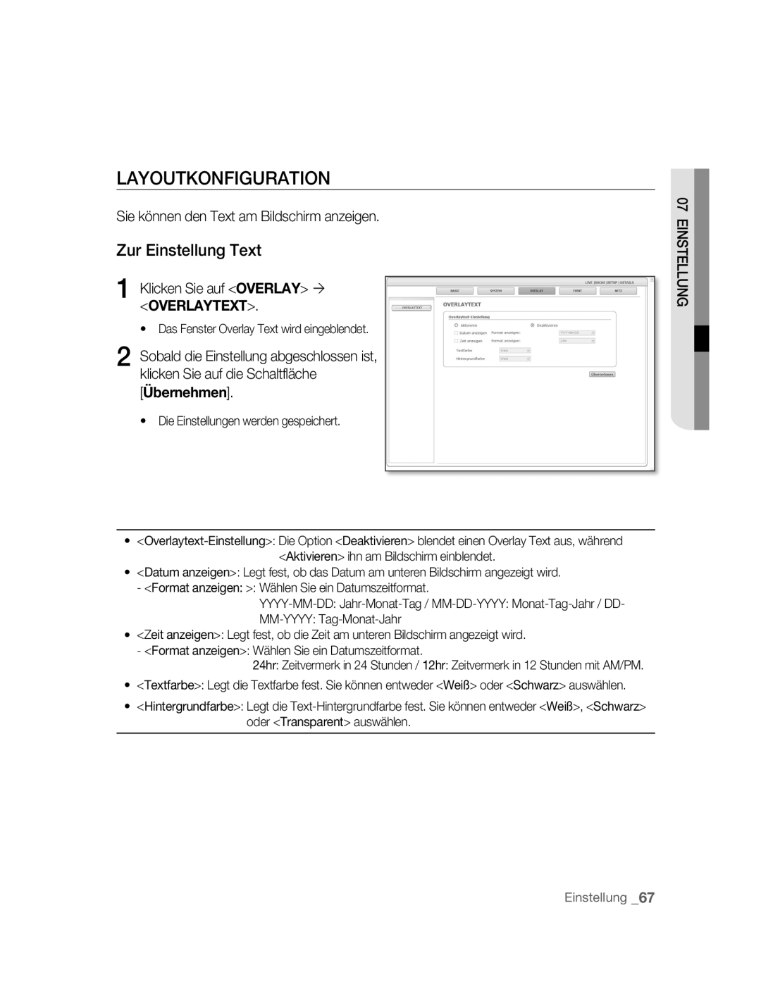 Samsung SNC-B5395P manual Layoutkonfiguration, Zur Einstellung Text, Sie können den Text am Bildschirm anzeigen 