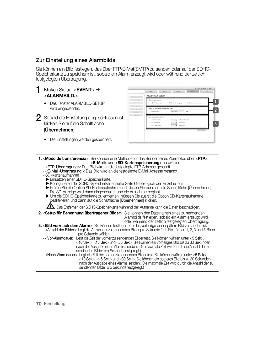 Samsung SNC-B5395P manual Zur Einstellung eines Alarmbilds 