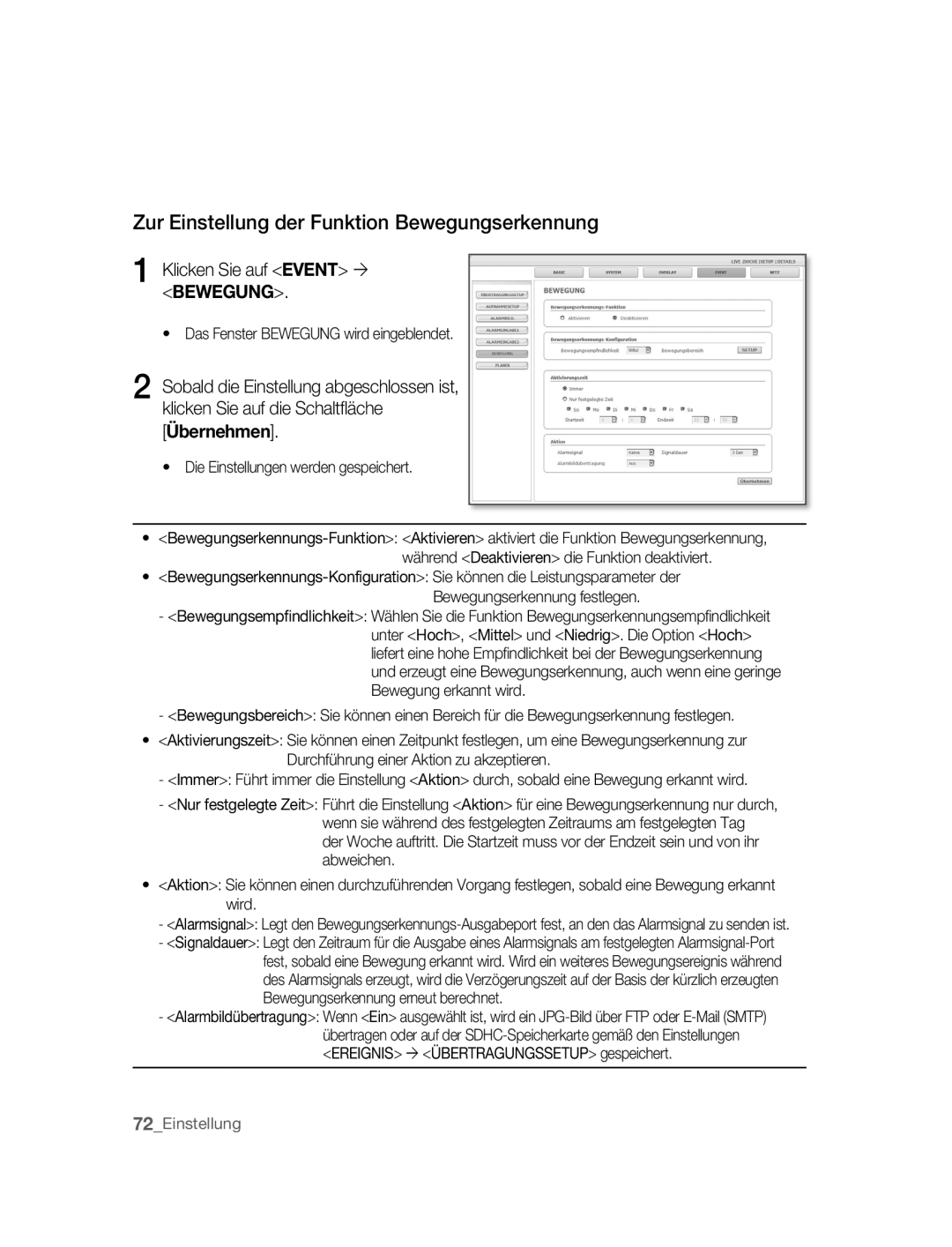 Samsung SNC-B5395P manual Zur Einstellung der Funktion Bewegungserkennung, Klicken Sie auf Event ´ Bewegung 