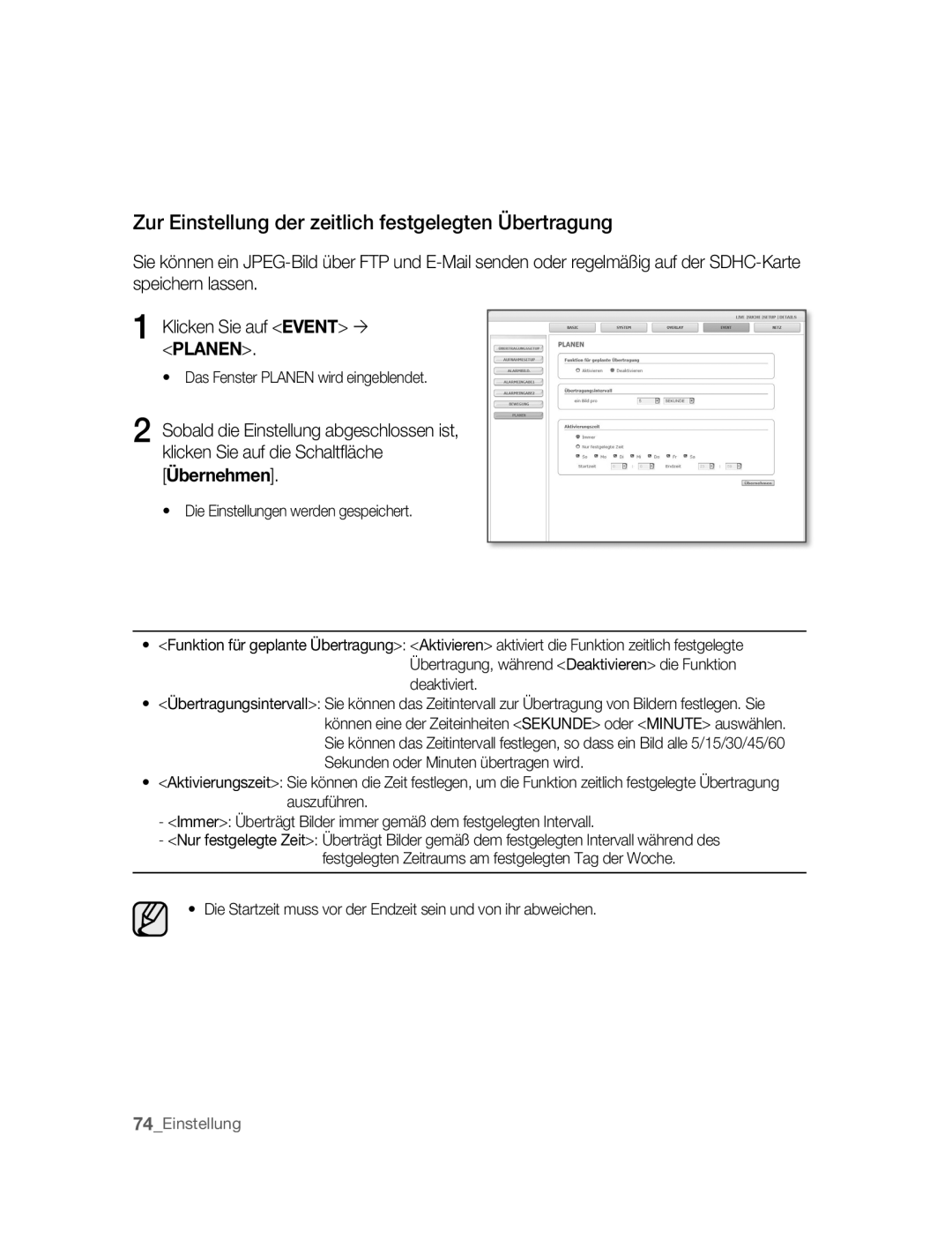 Samsung SNC-B5395P manual Zur Einstellung der zeitlich festgelegten Übertragung, Das Fenster Planen wird eingeblendet 