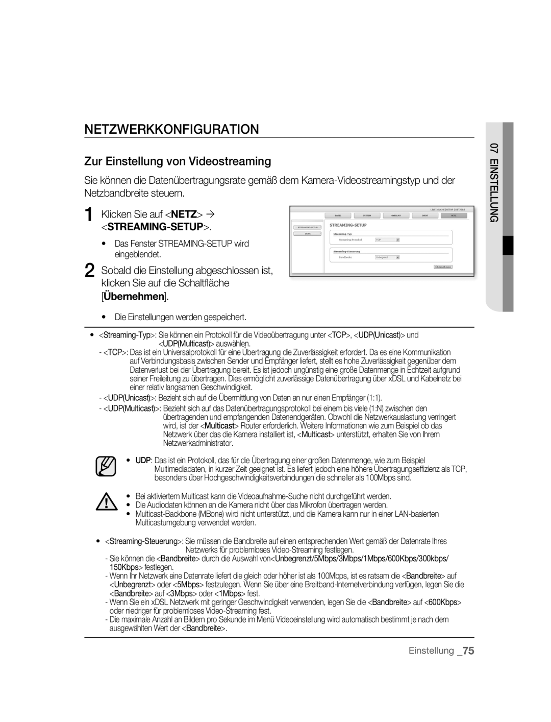 Samsung SNC-B5395P manual Netzwerkkonfiguration, Zur Einstellung von Videostreaming 