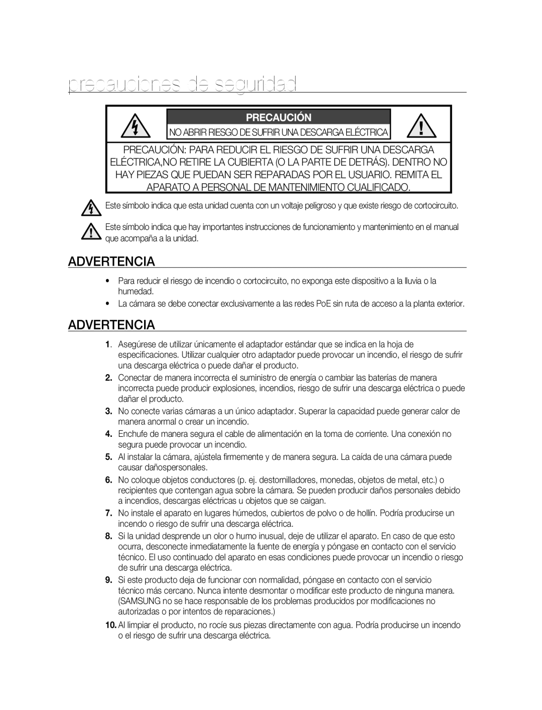 Samsung SNC-B5395P manual Precauciones de seguridad, Advertencia 