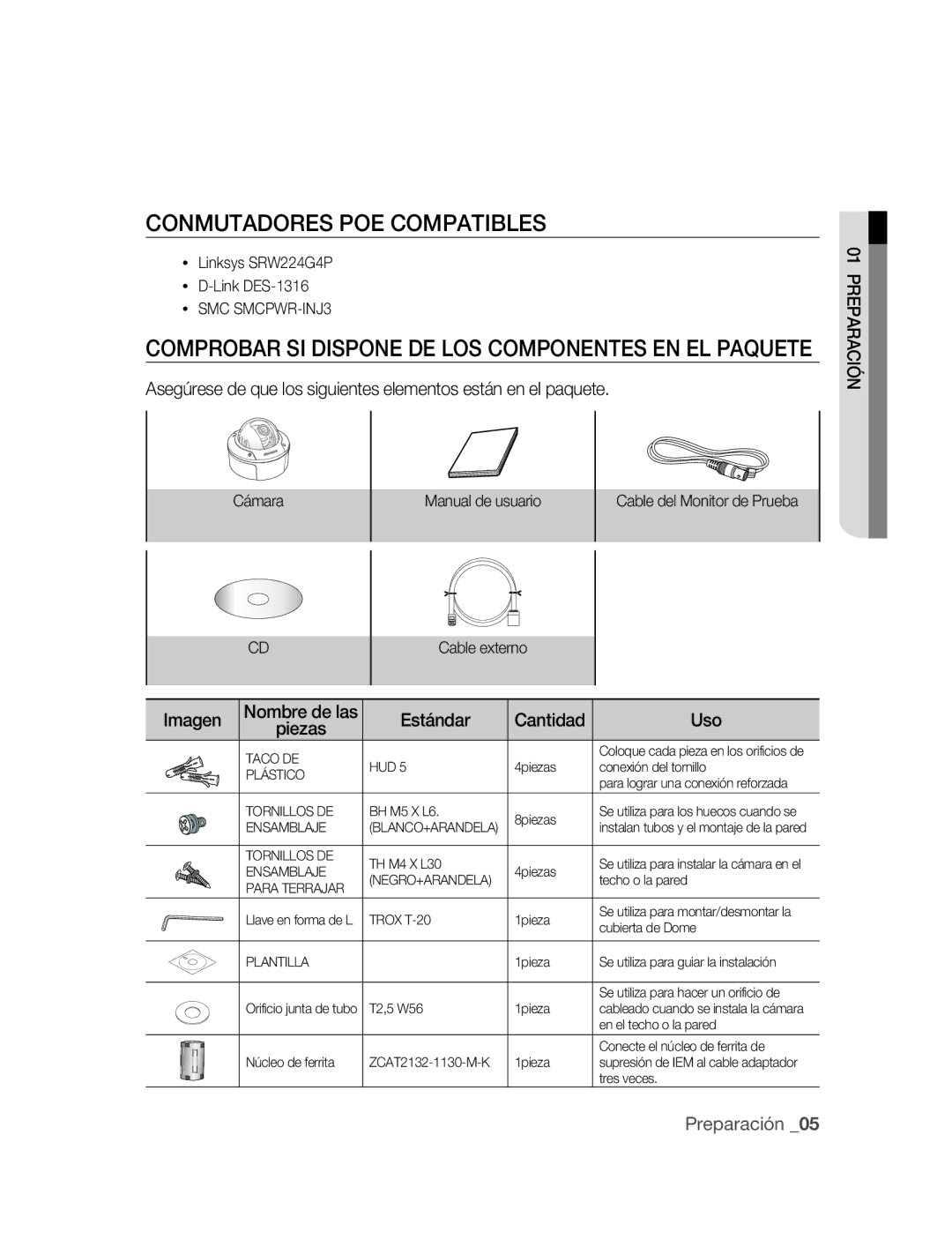 Samsung SNC-B5395P manual Conmutadores PoE Compatibles, Comprobar si dispone de los componentes en el paquete 