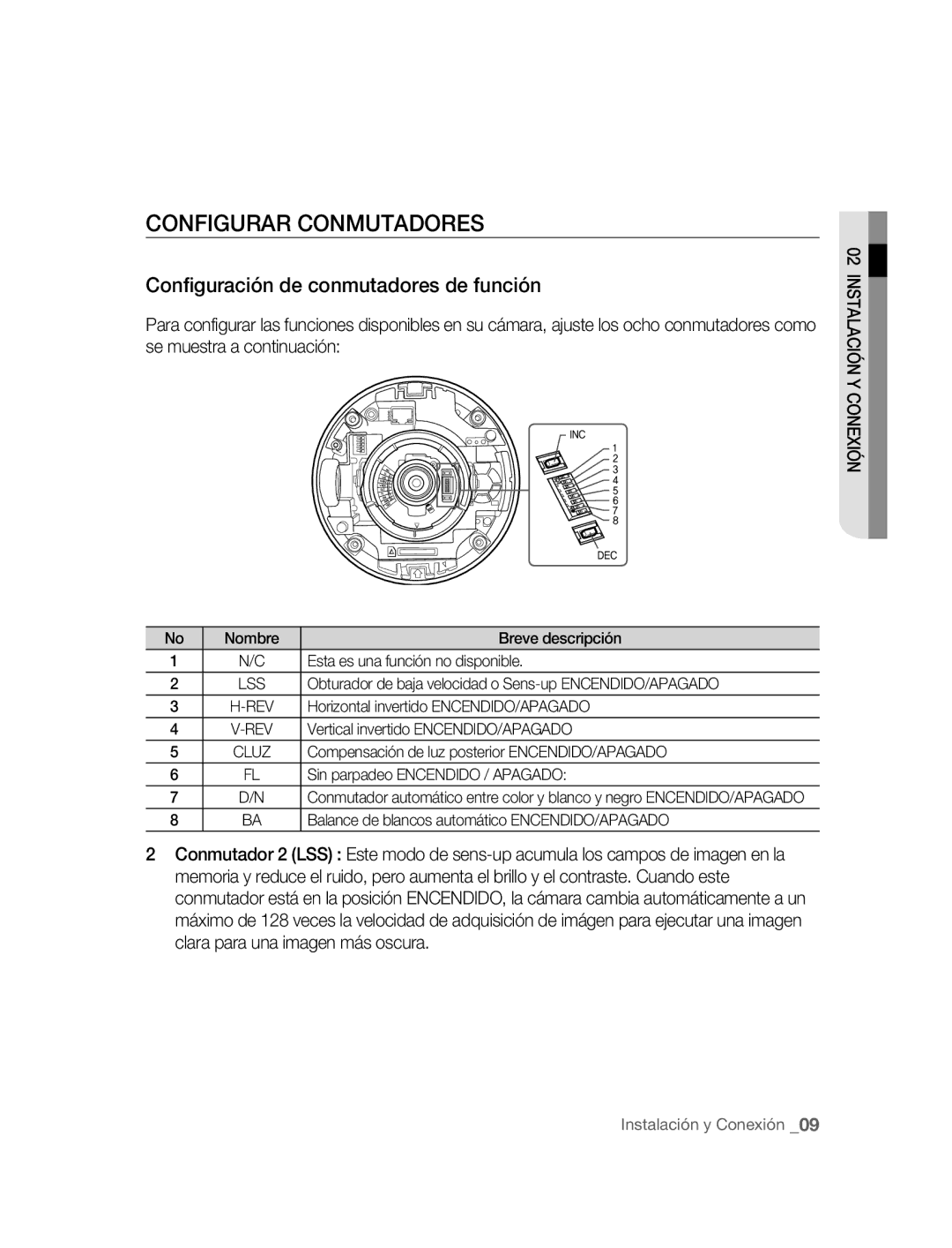 Samsung SNC-B5395P manual Configurar Conmutadores, Configuración de conmutadores de función 