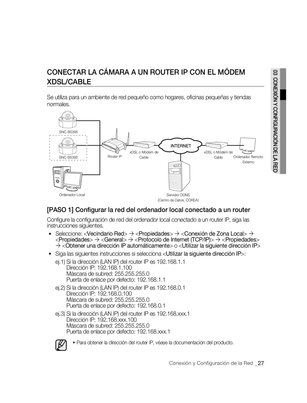 Samsung SNC-B5395P manual Conectar LA Cámara a UN Router IP CON EL Módem XDSL/CABLE, Conexión Y 