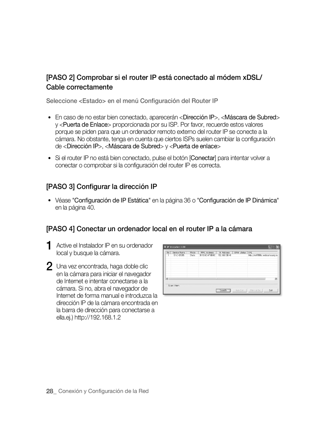 Samsung SNC-B5395P manual Paso 3 Configurar la dirección IP, Seleccione Estado en el menú Configuración del Router IP 