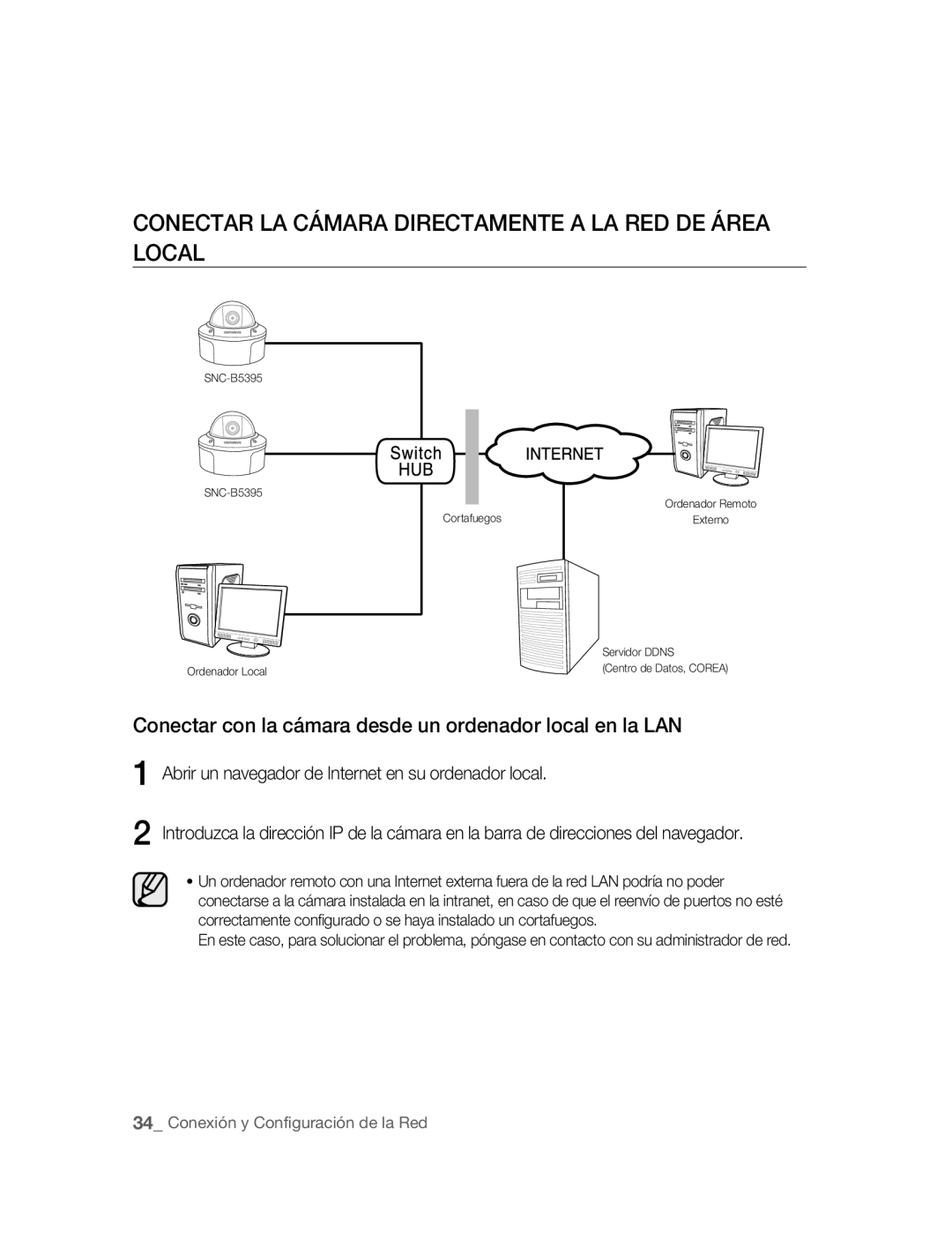 Samsung SNC-B5395P manual Conectar LA Cámara Directamente a LA RED DE Área Local 