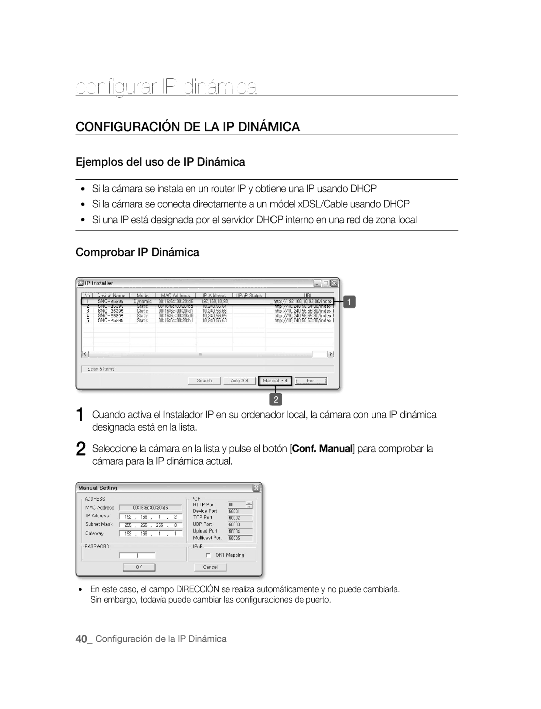 Samsung SNC-B5395P manual Configurar IP dinámica, Configuración DE LA IP Dinámica, Ejemplos del uso de IP Dinámica 