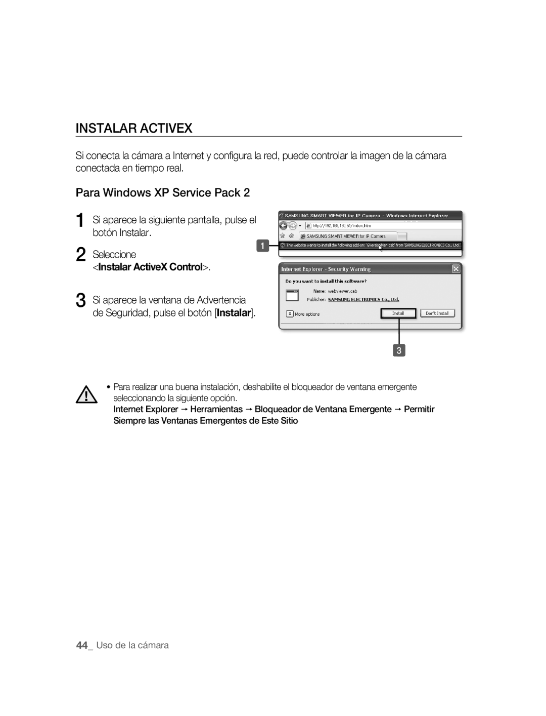 Samsung SNC-B5395P manual Instalar Activex, Para Windows XP Service Pack, Instalar ActiveX Control 