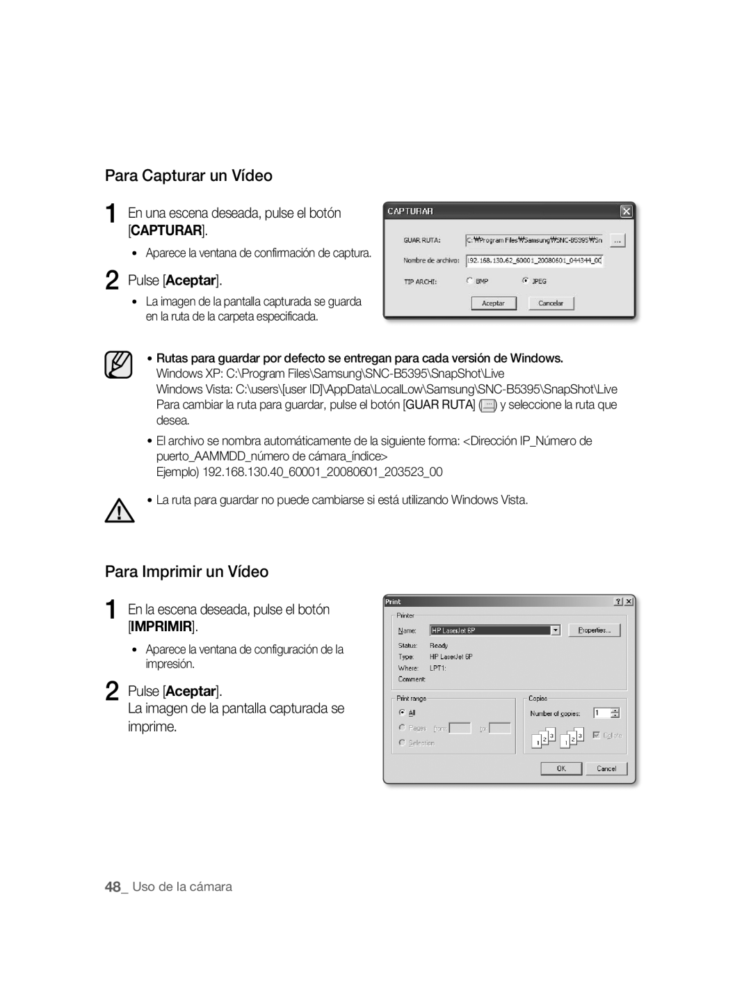 Samsung SNC-B5395P manual Para Capturar un Vídeo, Para Imprimir un Vídeo 