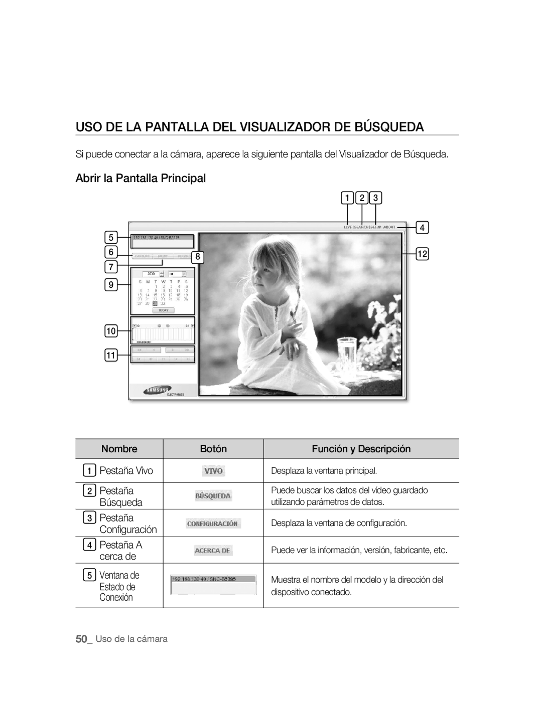 Samsung SNC-B5395P manual USO DE LA Pantalla DEL Visualizador DE Búsqueda 