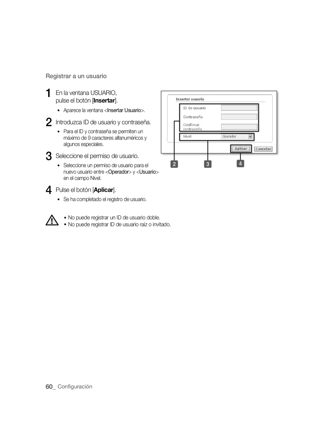 Samsung SNC-B5395P manual Introduzca ID de usuario y contraseña, Seleccione el permiso de usuario, Pulse el botón Aplicar 