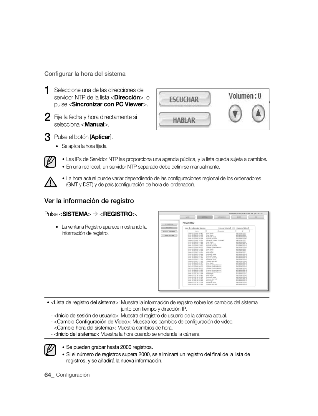 Samsung SNC-B5395P manual Ver la información de registro, Pulse Sistema ´ Registro, Se aplica la hora fijada 