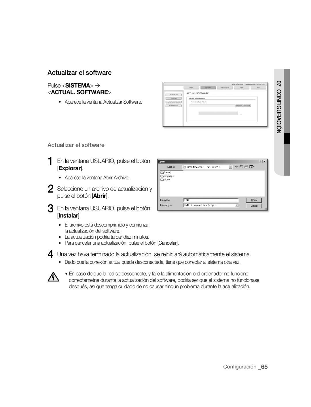 Samsung SNC-B5395P manual Actualizar el software, Pulse Sistema ´, En la ventana USUARIO, pulse el botón Explorar 