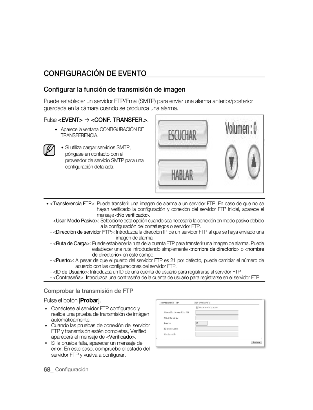 Samsung SNC-B5395P manual Configuración DE Evento, Conﬁgurar la función de transmisión de imagen, Pulse el botón Probar 