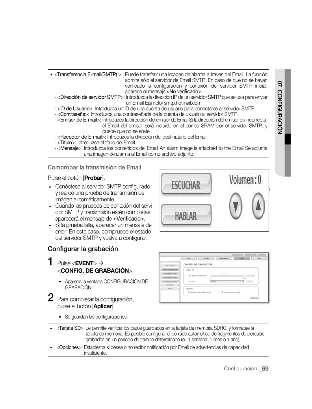 Samsung SNC-B5395P manual Conﬁgurar la grabación, Pulse Event ´, Un Email Ejemplo smtp.hotmail.com 