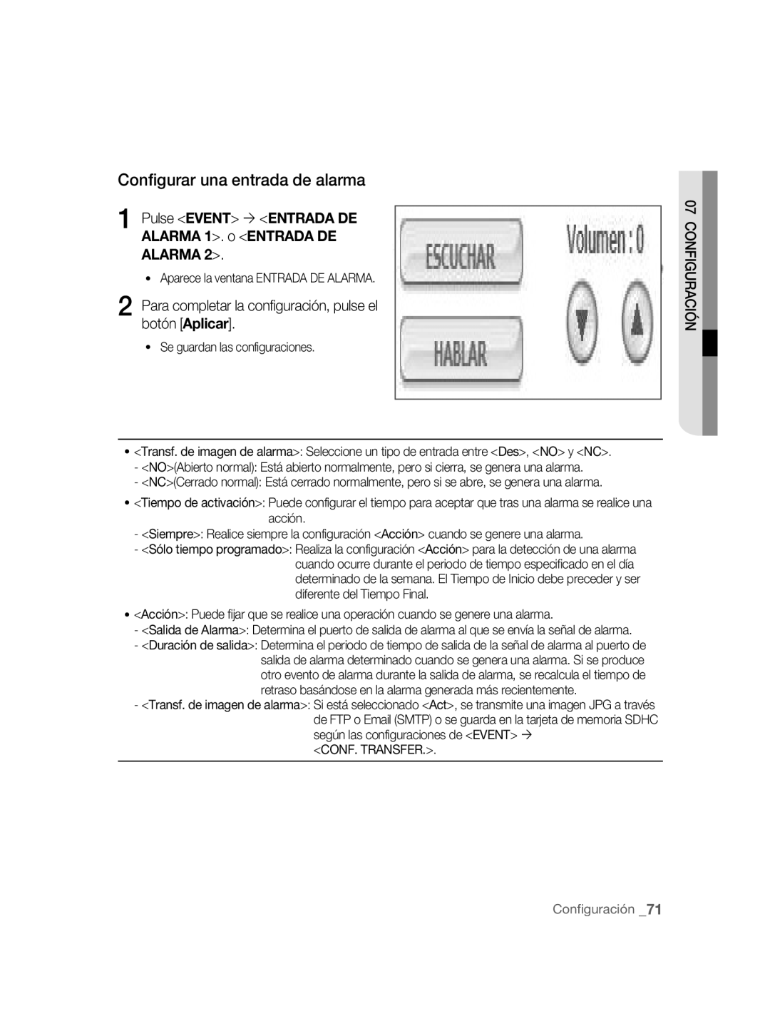 Samsung SNC-B5395P manual Configurar una entrada de alarma, Pulse Event ´ Entrada DE Alarma 1. o Entrada DE Alarma 