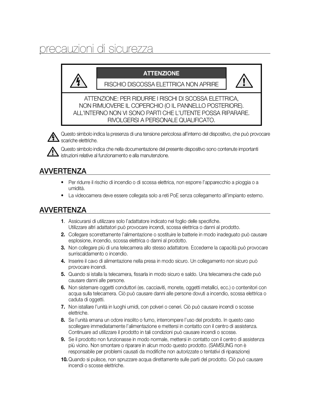 Samsung SNC-B5395P manual Precauzioni di sicurezza, Avvertenza 