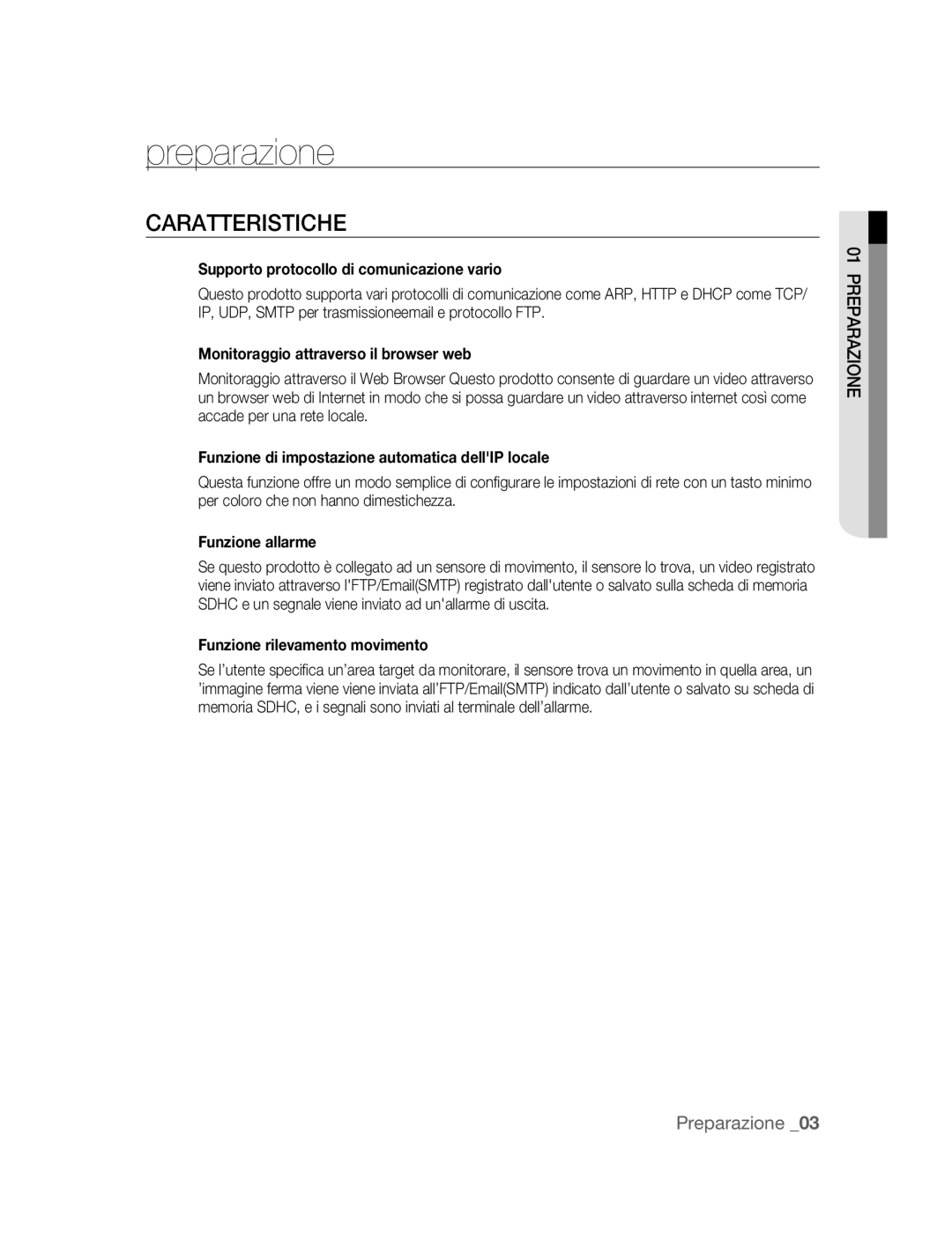 Samsung SNC-B5395P manual Preparazione, Caratteristiche 