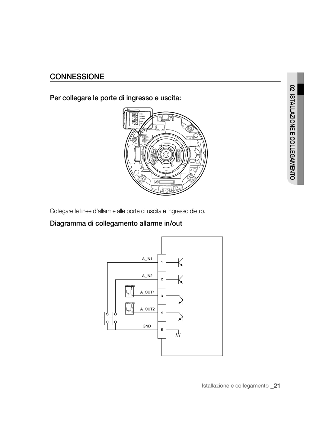 Samsung SNC-B5395P Connessione, Per collegare le porte di ingresso e uscita, Diagramma di collegamento allarme in/out 