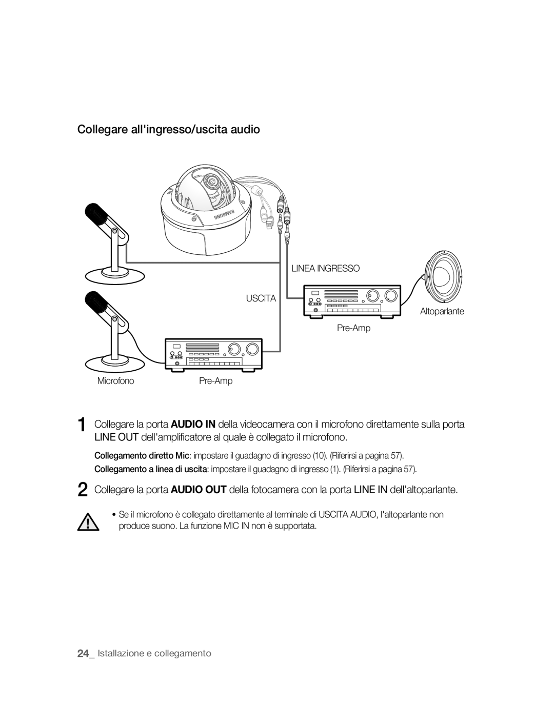 Samsung SNC-B5395P manual Collegare allingresso/uscita audio, Altoparlante Pre-Amp MicrofonoPre-Amp 