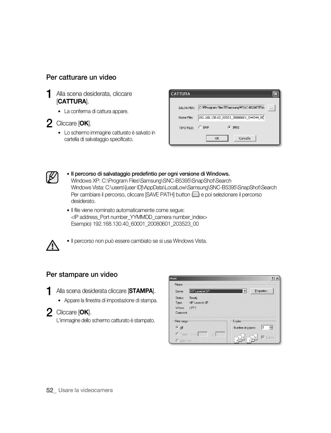 Samsung SNC-B5395P manual Alla scena desiderata, cliccare Cattura, Alla scena desiderata cliccare Stampa 