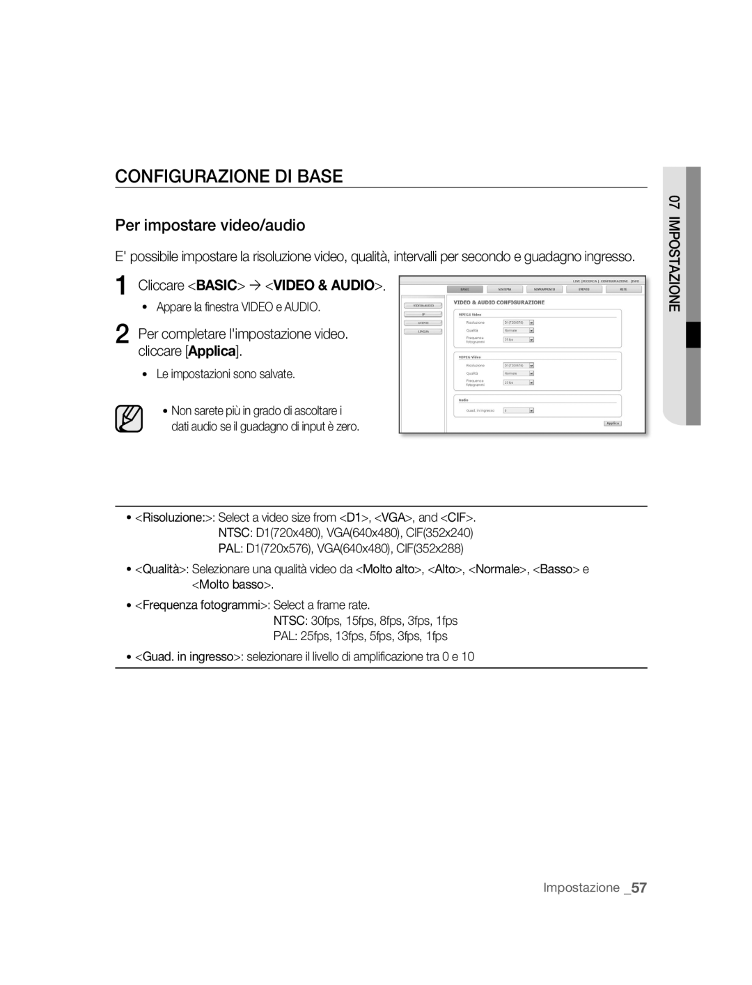 Samsung SNC-B5395P manual Configurazione DI Base, Per impostare video/audio, Cliccare Basic ´ Video & Audio 