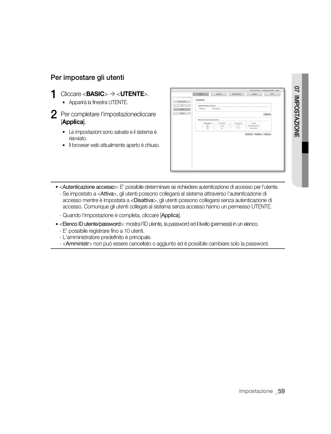 Samsung SNC-B5395P manual Per impostare gli utenti, Cliccare Basic ´ Utente, Apparirà la finestra Utente 