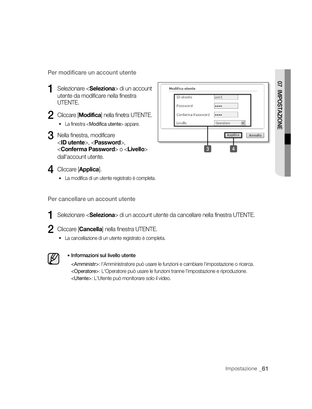 Samsung SNC-B5395P manual Utente, ID utente, Password Conferma Password o Livello 