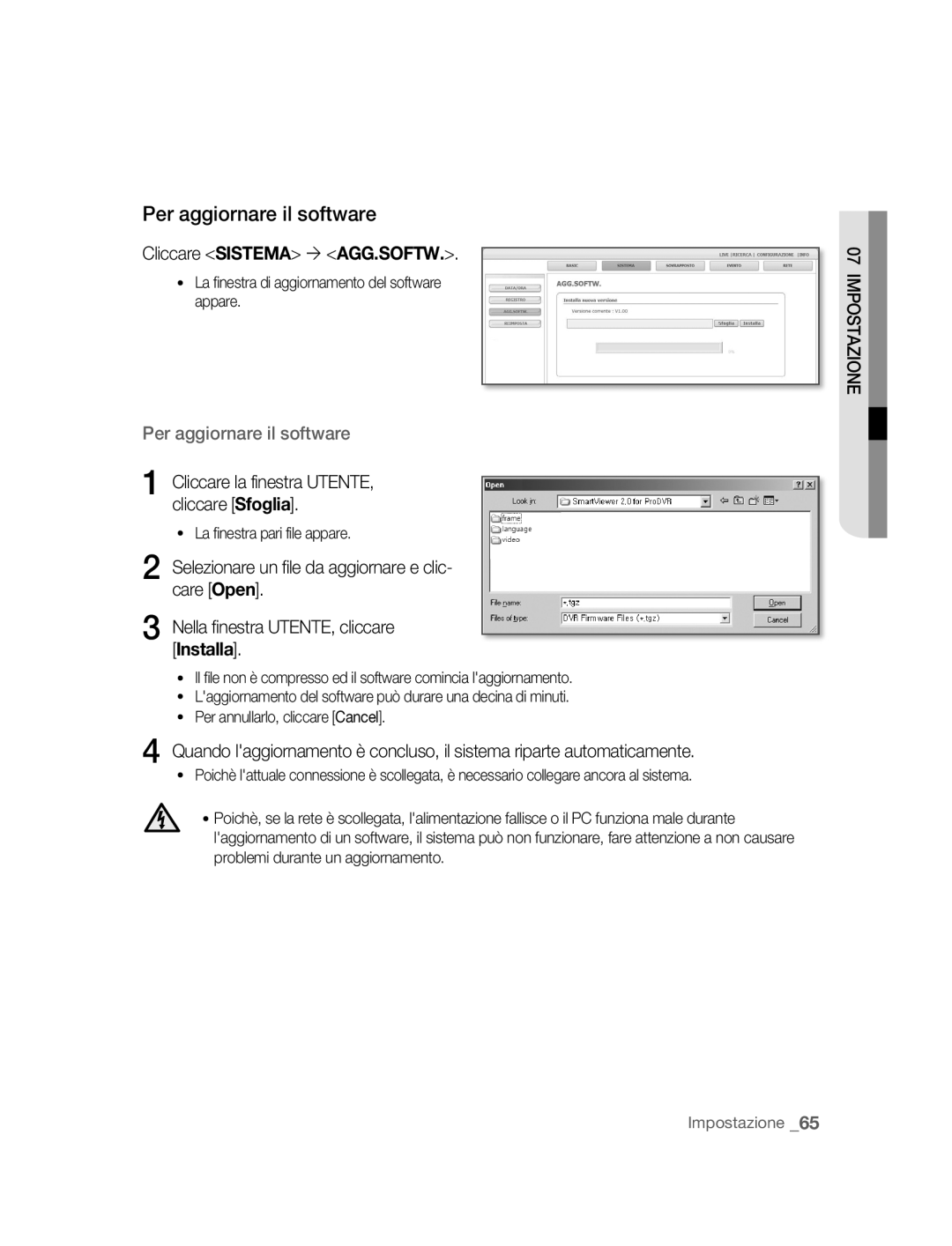 Samsung SNC-B5395P manual Per aggiornare il software, Cliccare Sistema ´ AGG.SOFTW 