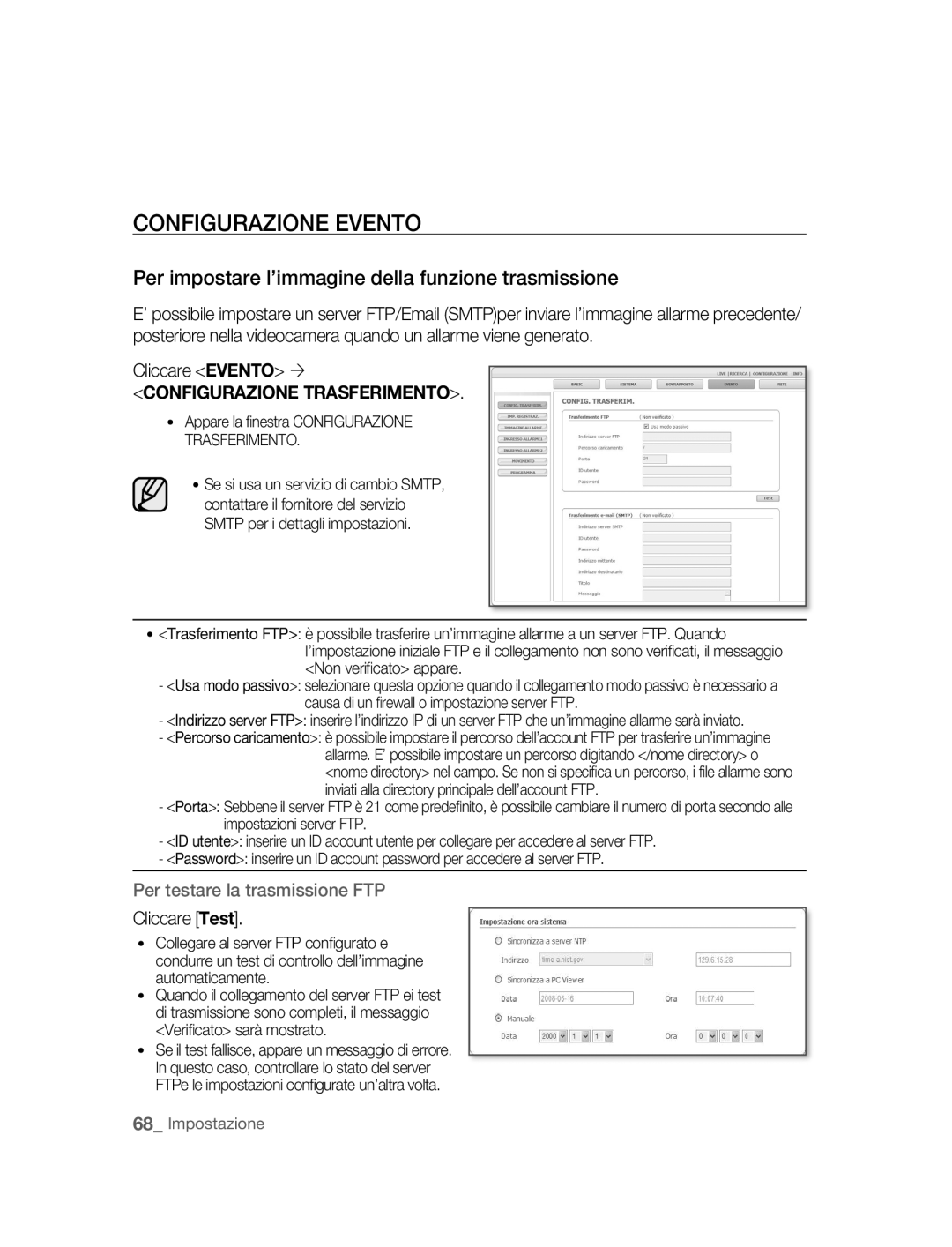 Samsung SNC-B5395P manual Configurazione Evento, Per impostare l’immagine della funzione trasmissione, Cliccare Test 