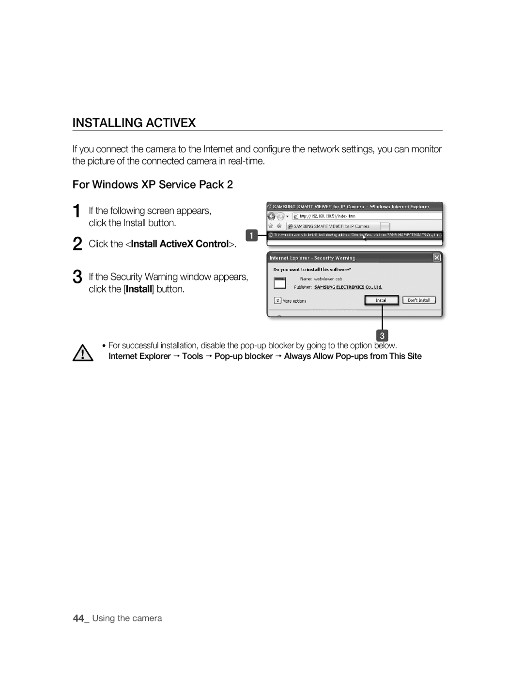 Samsung SNC-B5395P manual Installing Activex, For Windows XP Service Pack, Click the Install ActiveX Control 