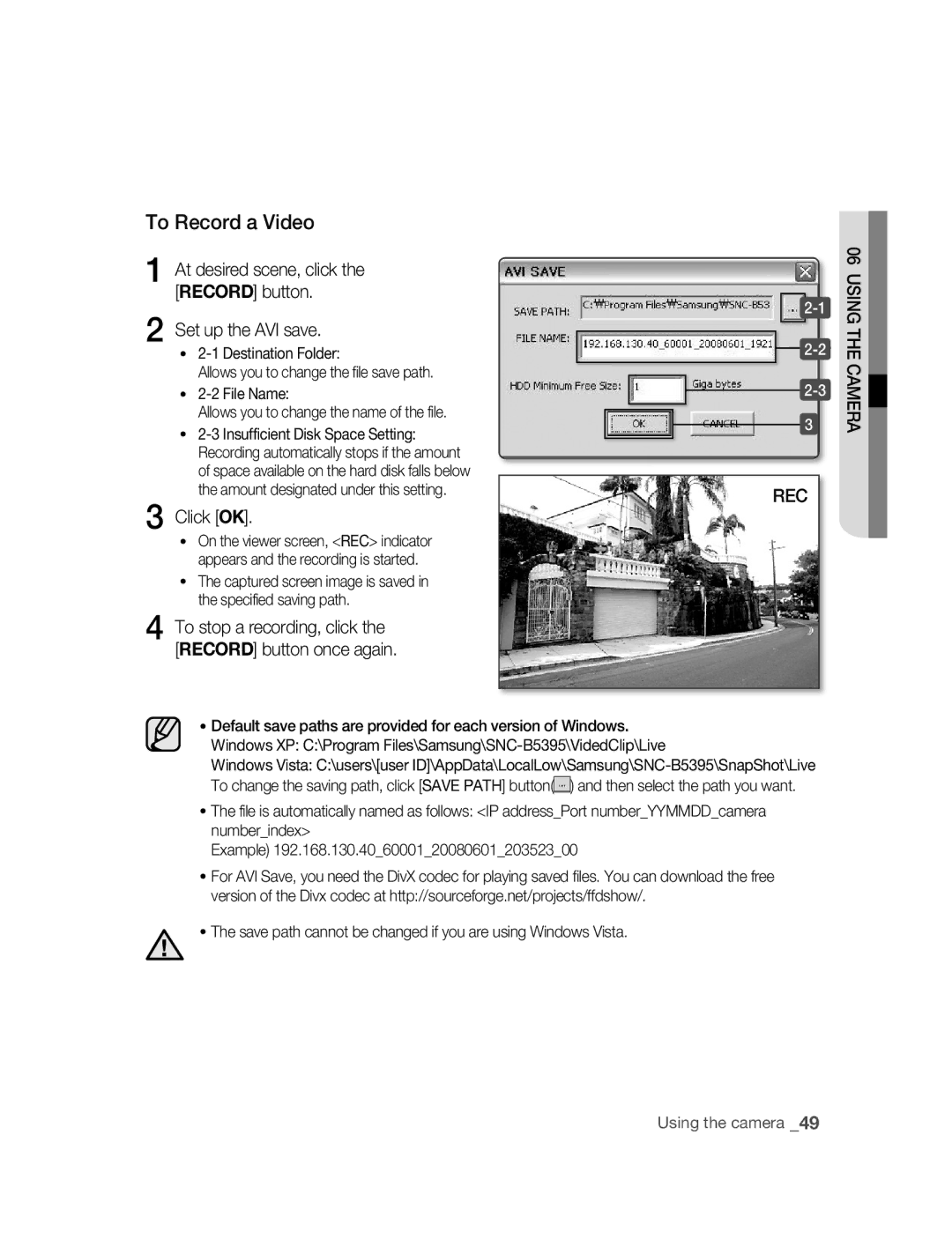 Samsung SNC-B5395P manual To Record a Video, At desired scene, click Record button Set up the AVI save 