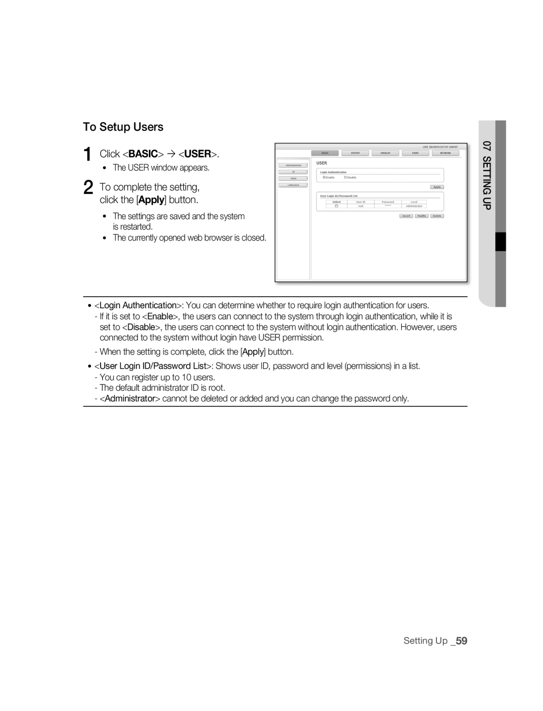 Samsung SNC-B5395P manual To Setup Users, Click Basic  User 