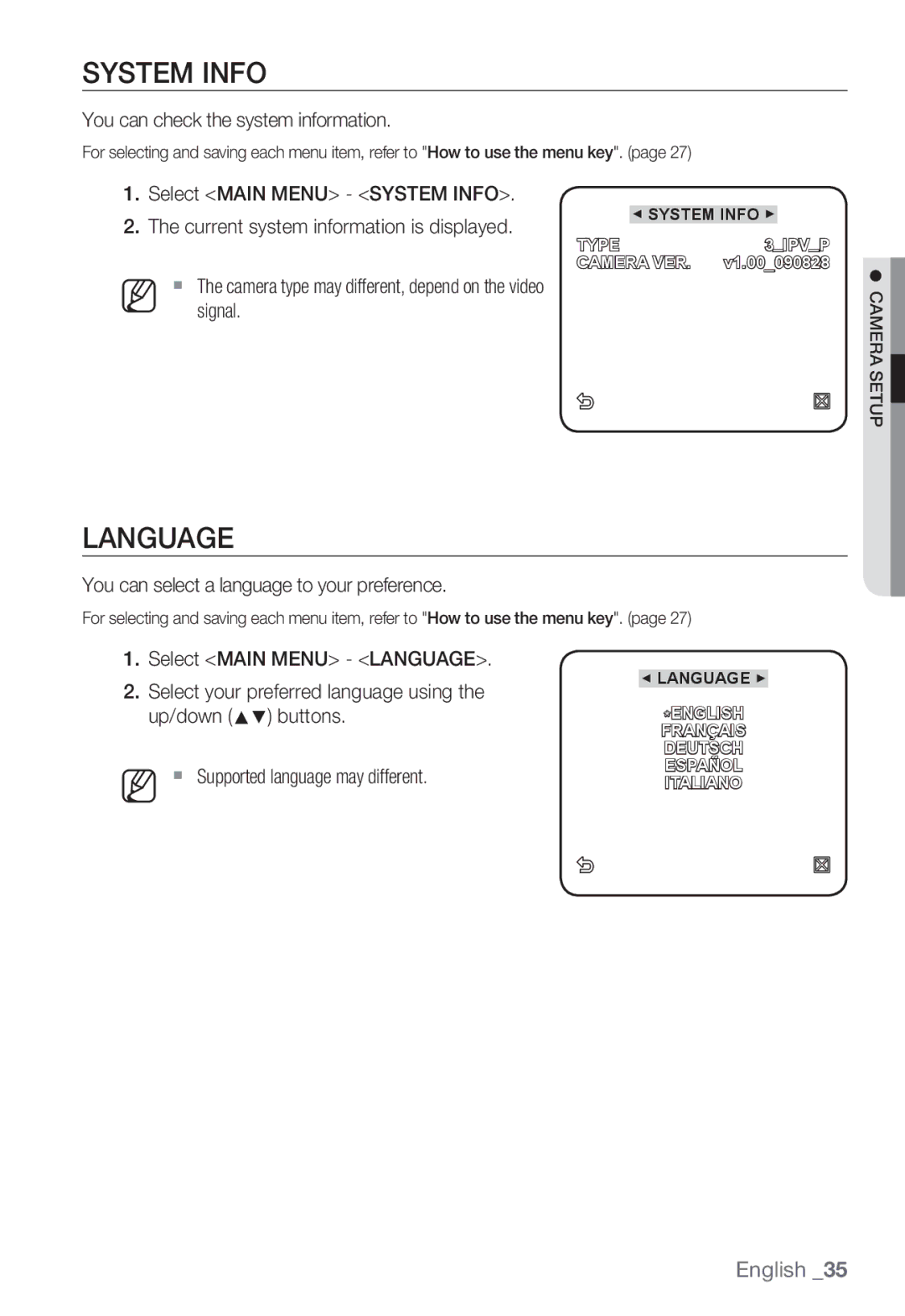 Samsung SNC-B5399P user manual System Info, Language, You can check the system information 