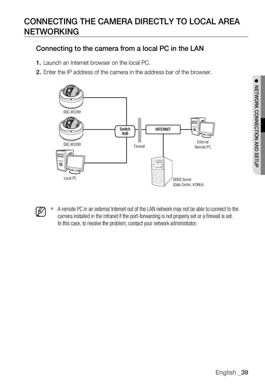 Samsung SNC-B5399P user manual Connecting the Camera Directly to Local Area Networking 