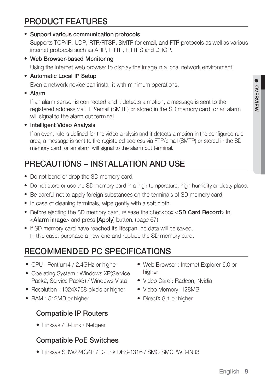 Samsung SNC-B5399 Product Features, Precautions Installation and USE, Recommended PC Specifications, Compatible IP Routers 