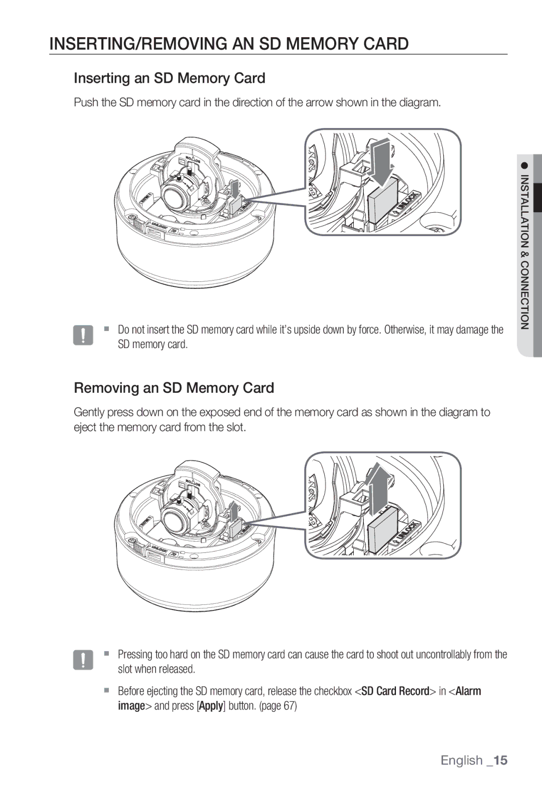 Samsung SNC-B5399P manual INSERTING/REMOVING AN SD Memory Card, Inserting an SD Memory Card, Removing an SD Memory Card 