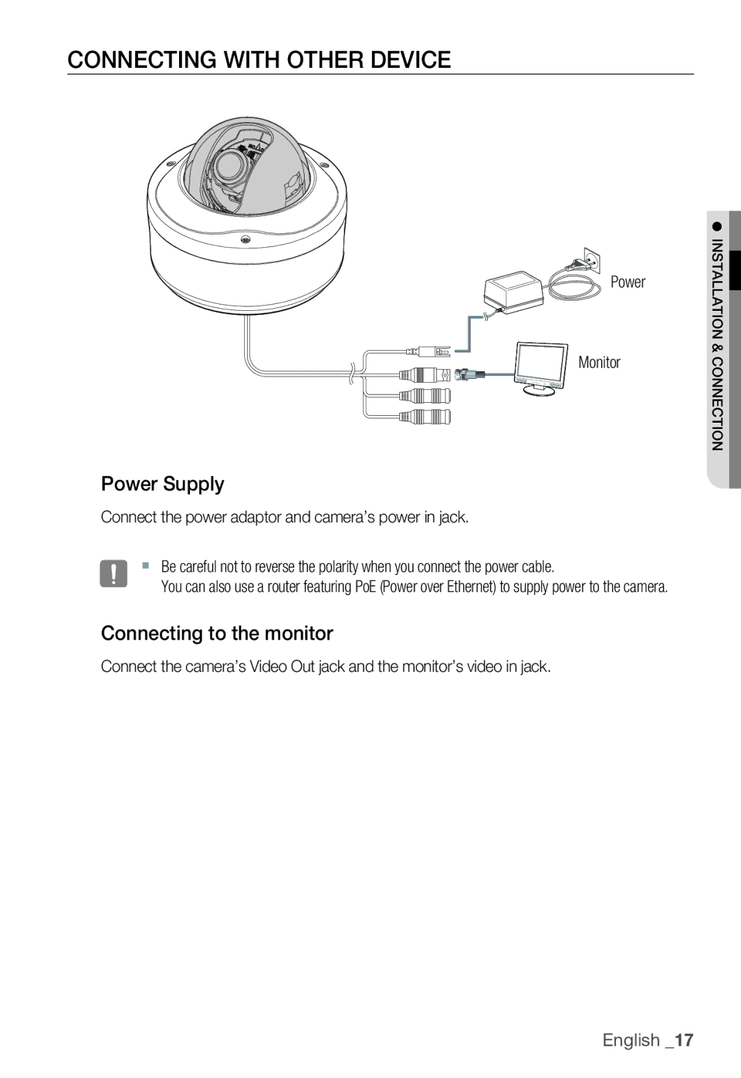 Samsung SNC-B5399P manual Connecting with Other Device, Power Supply, Connecting to the monitor, Power Monitor 