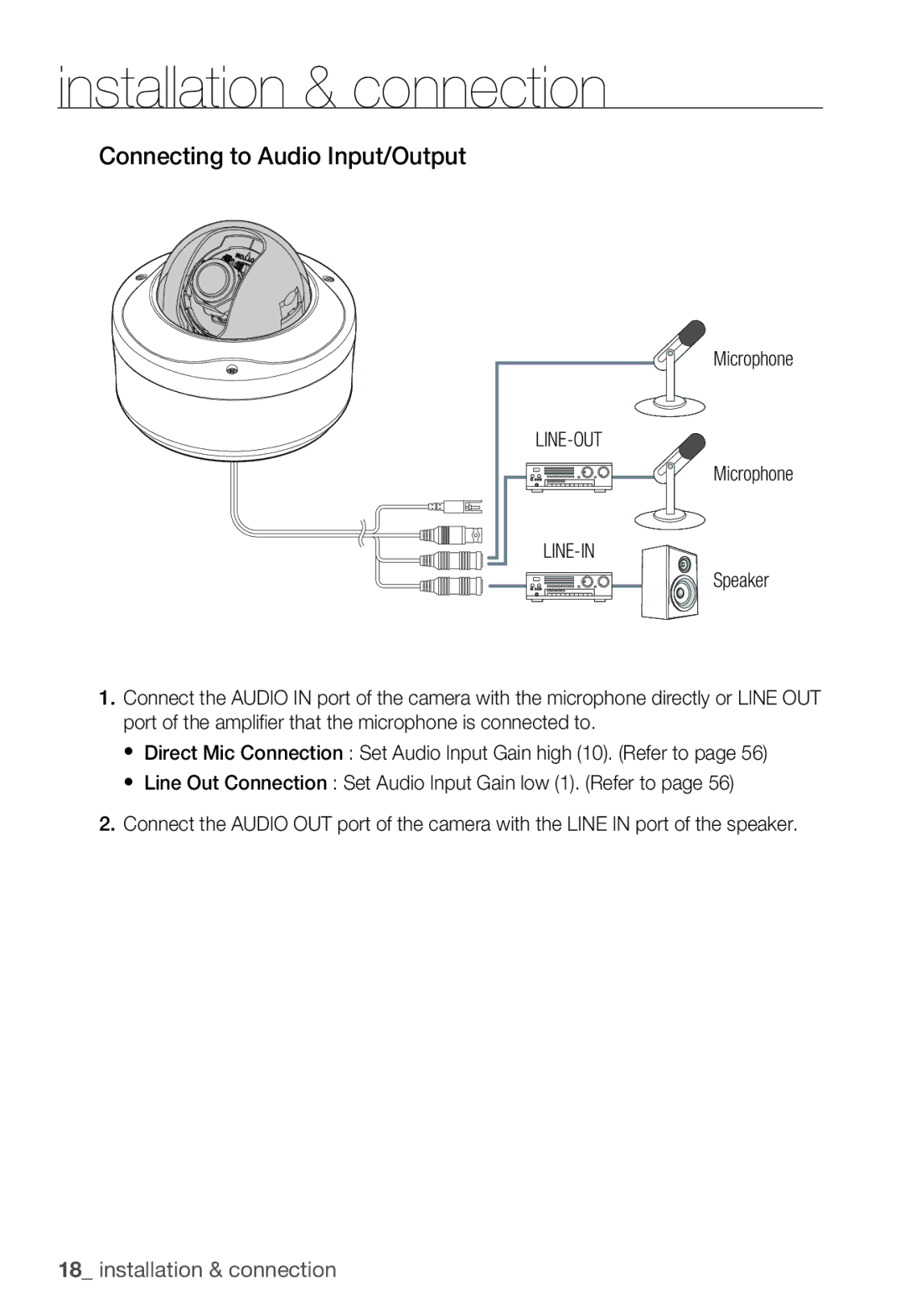 Samsung SNC-B5399P manual Connecting to Audio Input/Output, Microphone, Line-Out, Line-In 