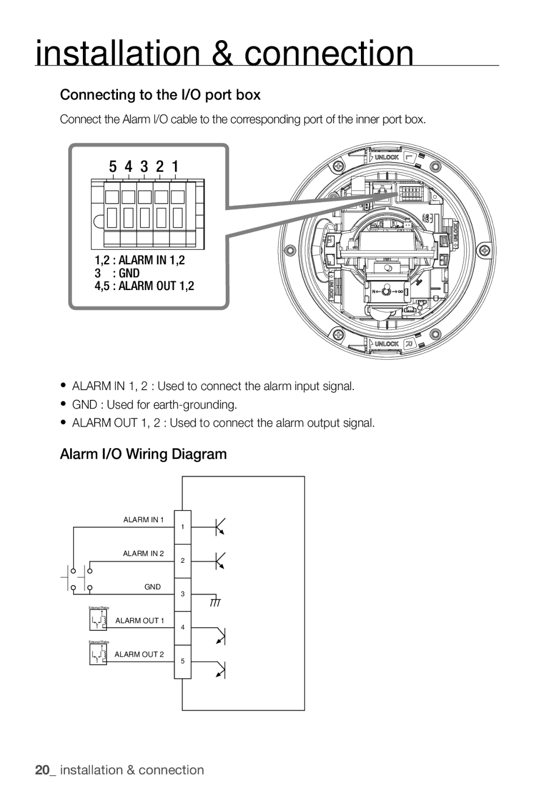 Samsung SNC-B5399P manual Connecting to the I/O port box, Alarm I/O Wiring Diagram 