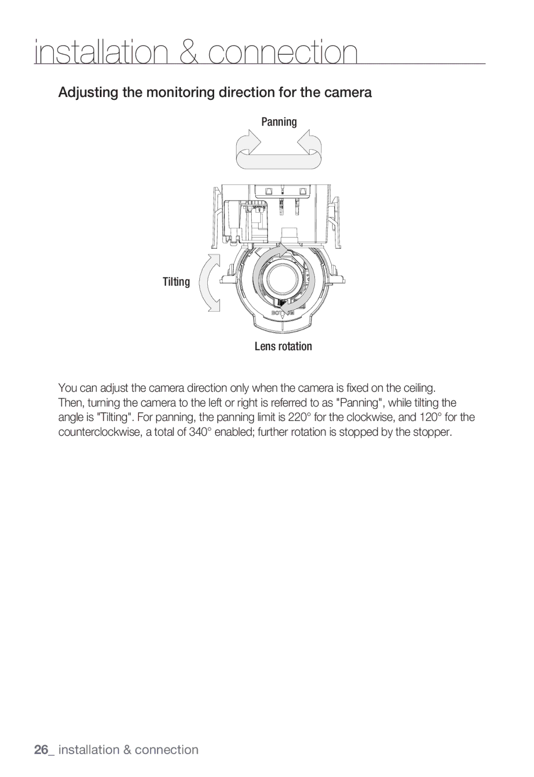 Samsung SNC-B5399P manual Adjusting the monitoring direction for the camera, Panning Tilting Lens rotation 