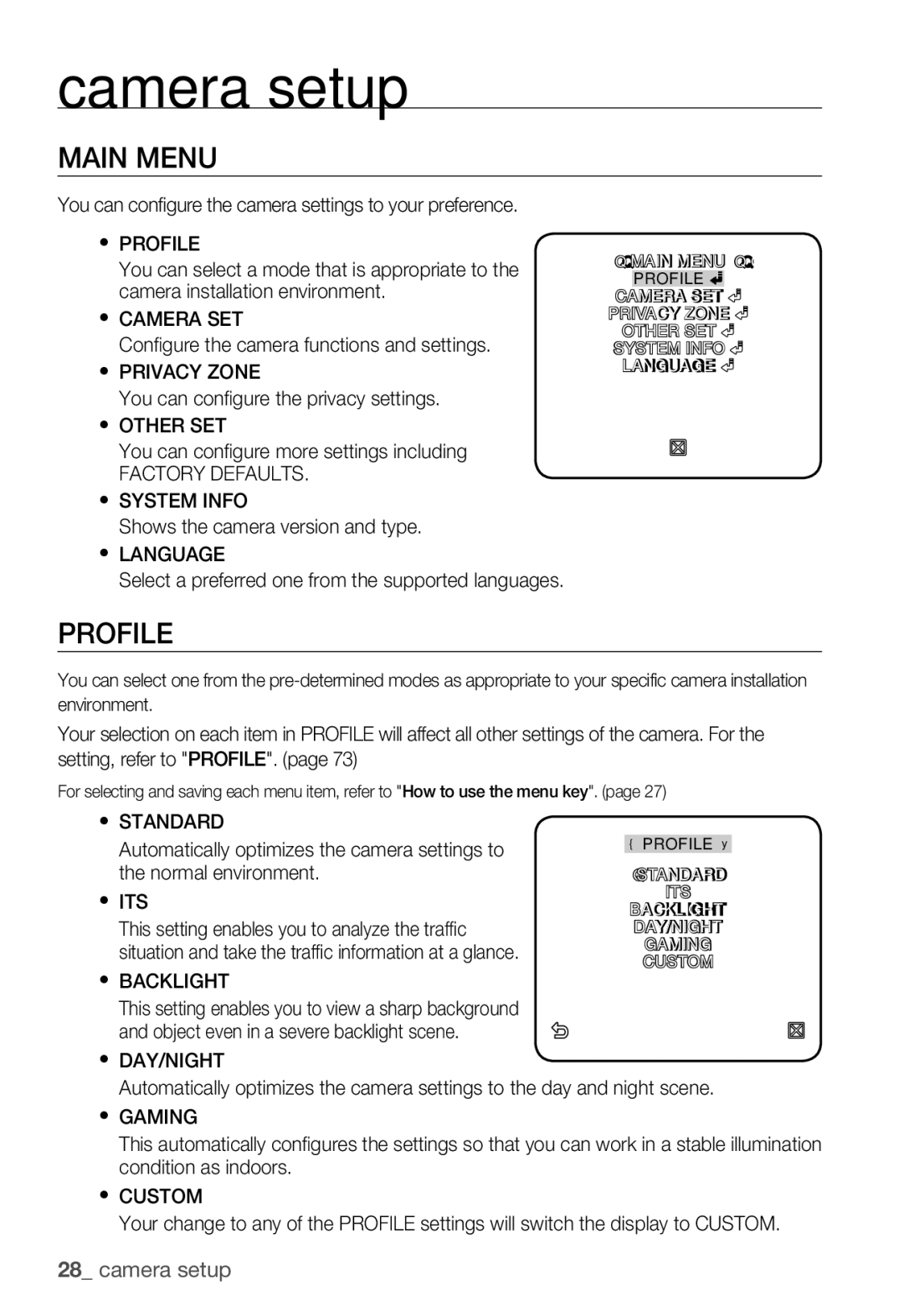 Samsung SNC-B5399P manual Main Menu, Profile, Factory Defaults 