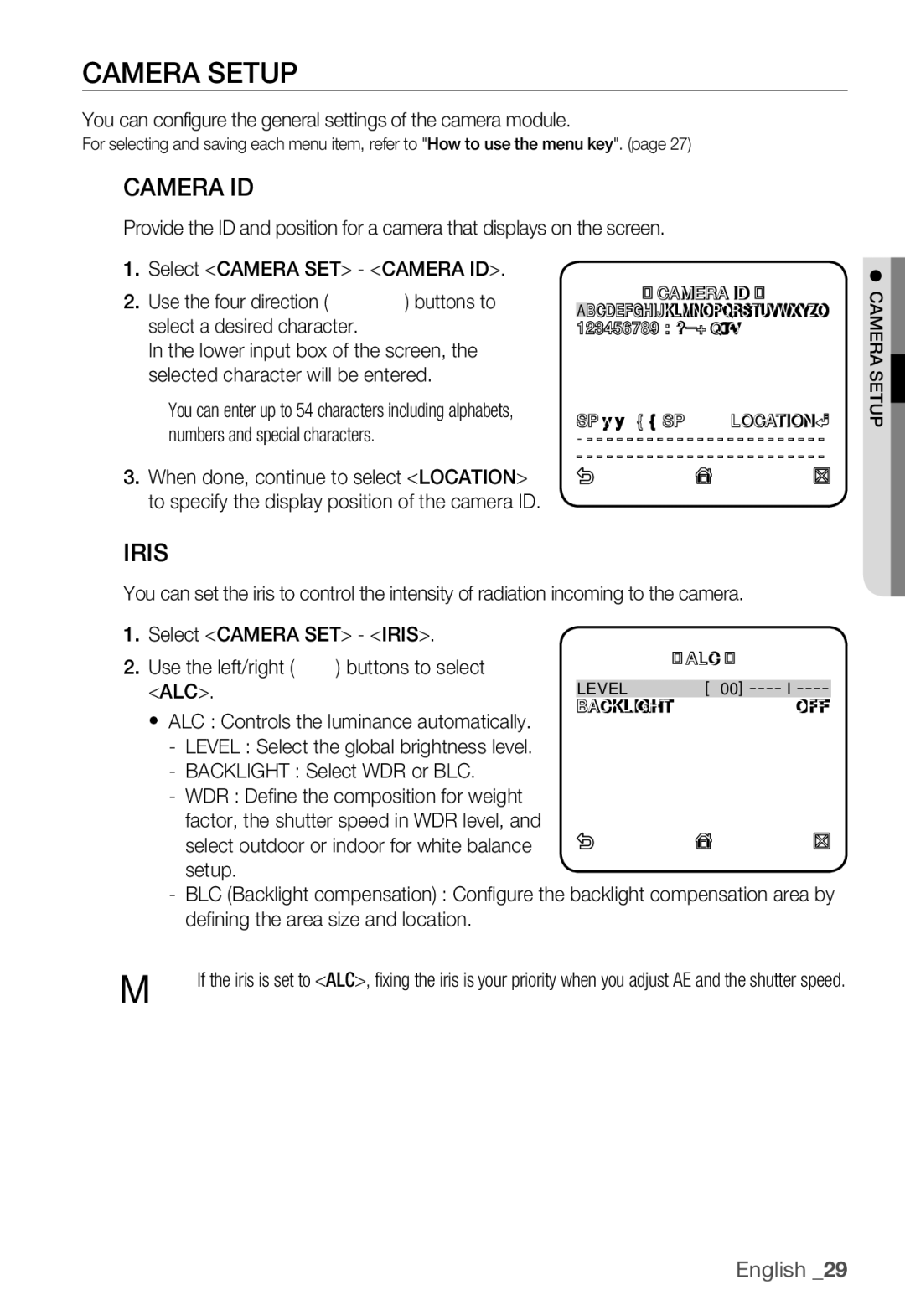 Samsung SNC-B5399P manual Camera Setup, Camera ID, Iris, You can configure the general settings of the camera module, Alc 