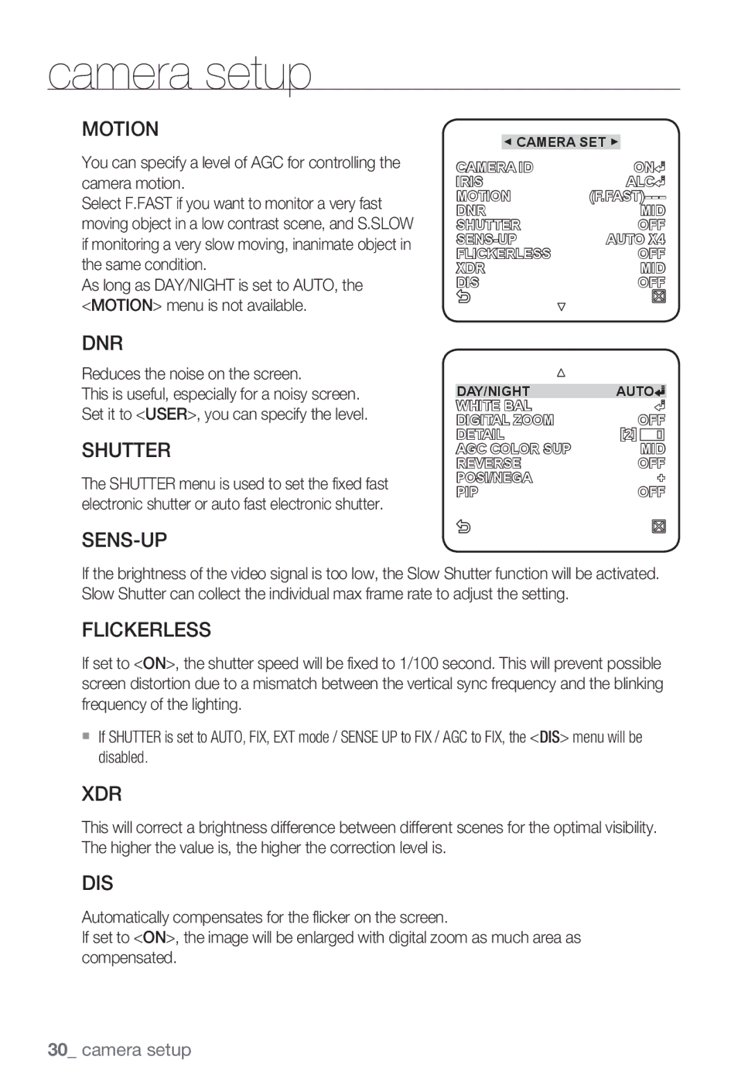 Samsung SNC-B5399P manual Motion, Dnr, Shutter, Sens-Up, Flickerless, Xdr, Dis 