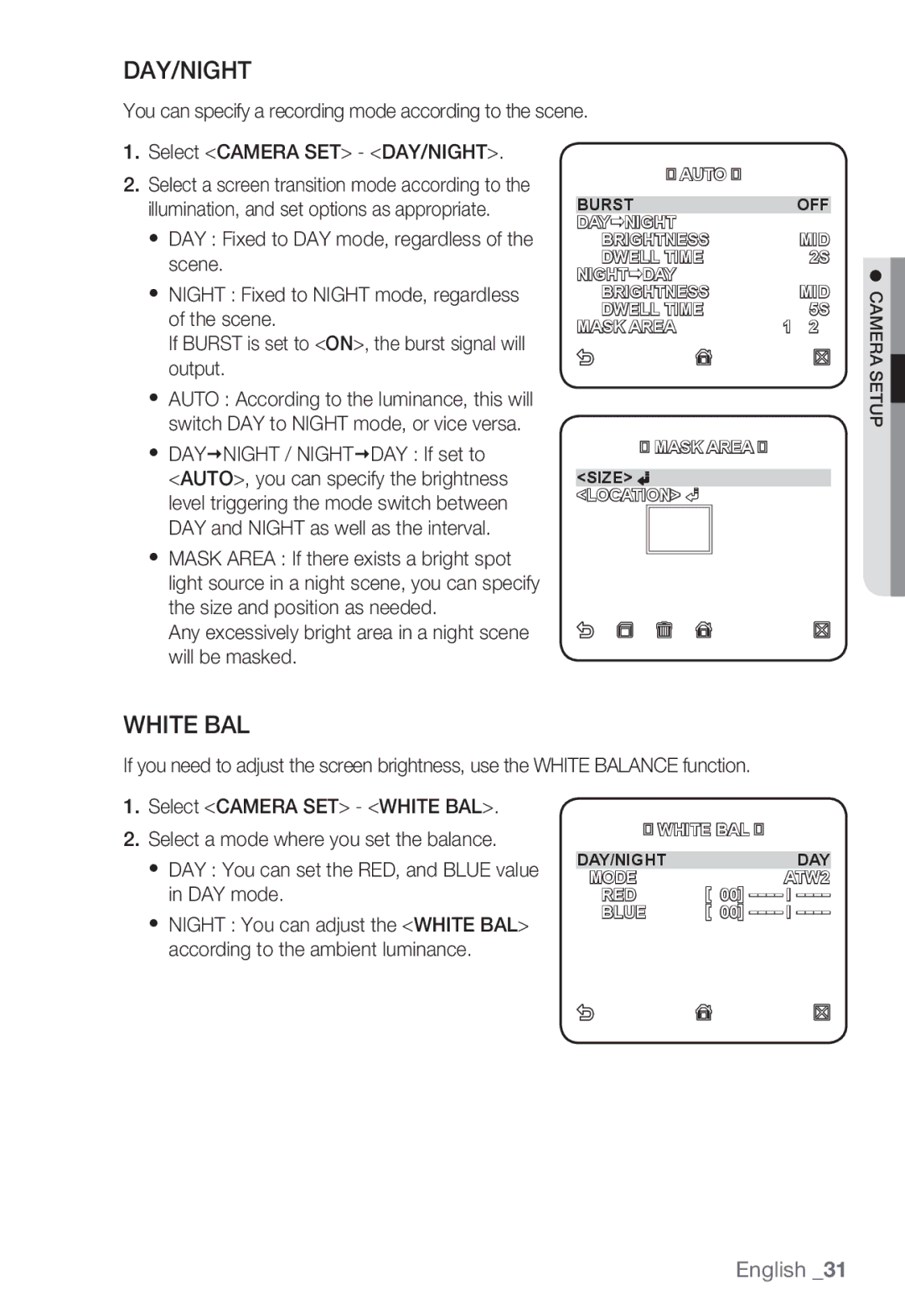 Samsung SNC-B5399P manual Day/Night, White BAL, Any excessively bright area in a night scene will be masked 