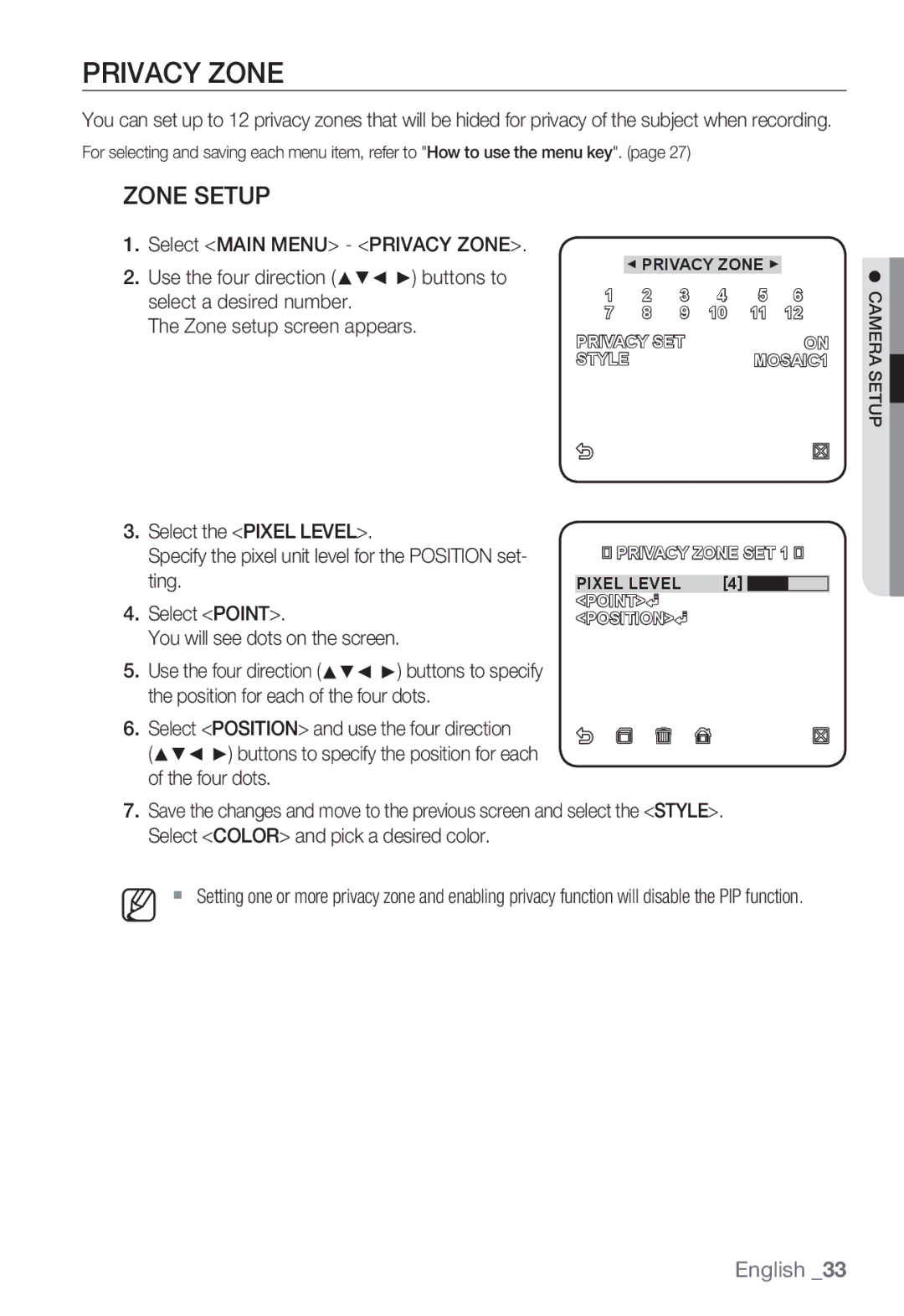 Samsung SNC-B5399P manual Privacy Zone, Zone Setup 