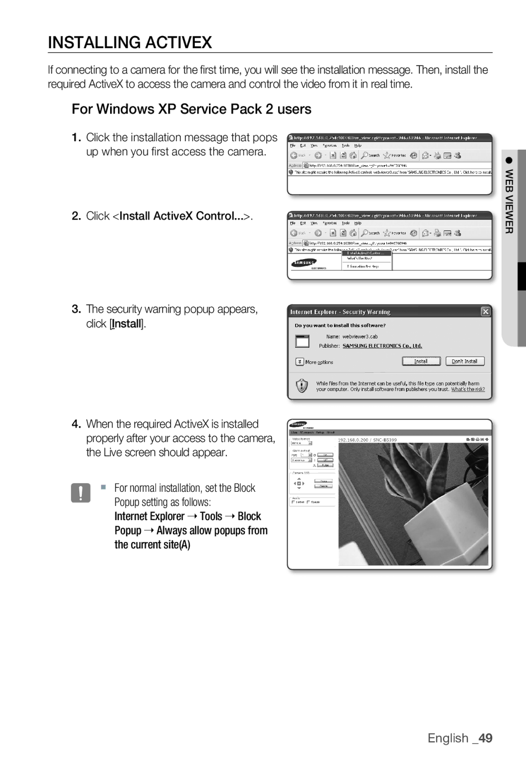 Samsung SNC-B5399P manual Installing Activex, For Windows XP Service Pack 2 users, Click Install ActiveX Control 