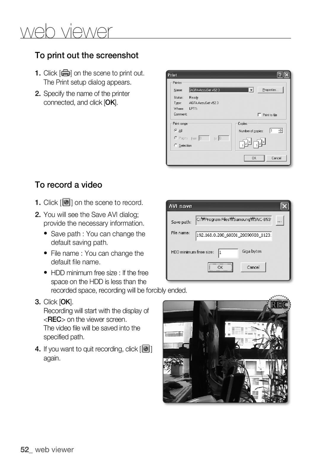 Samsung SNC-B5399P manual To print out the screenshot, To record a video, Click on the scene to record 